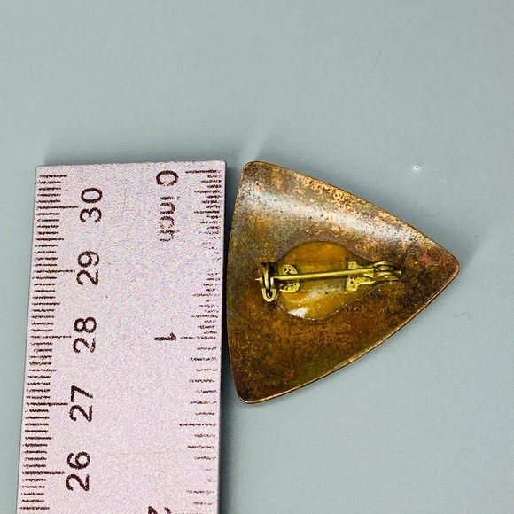 Vintage Enamel Copper Triangle Pin One of a Kind Green Lime & Kelly - Picture 6 of 9